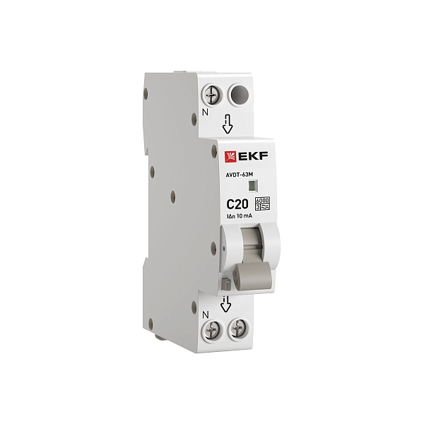 Автоматический выключатель дифференциального тока АВДТ-63М 1P+N 18мм 20А характеристика С 10мА тип A электронный 6кА PROXIMA EKF