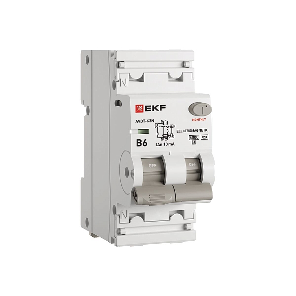 Автоматический выключатель дифференциального тока АВДТ-63N 1P+N 6А характеристика B 10мА тип A электромеханический 6кА PROXIMA EKF