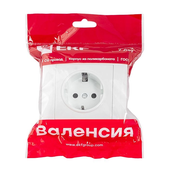 Валенсия розетка 1-местная с/з 16А белая с защ. штор. EKF