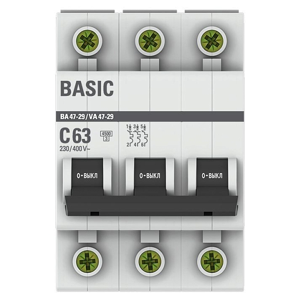 Автоматический выключатель ВА 47-29 3P 63А (C) 4,5кА BASIC