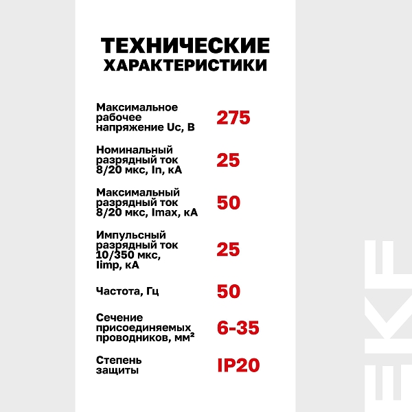 Устройство защиты от импульсных перенапряжений Класс 1 Iimp 25kA (10/350μs) 3P EKF