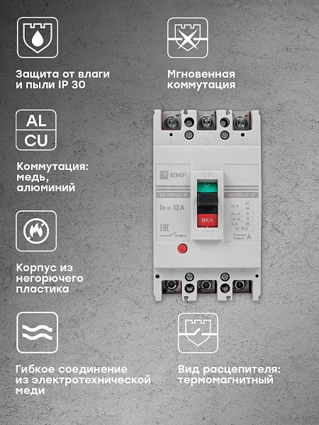 Выключатель автоматический в литом корпусе ВА-99М 63/32А 3P 10In 25кА с термомагнитным расцепителем EKF