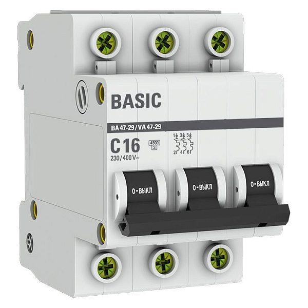 Автоматический выключатель ВА 47-29 3P 16А (C) 4,5кА BASIC