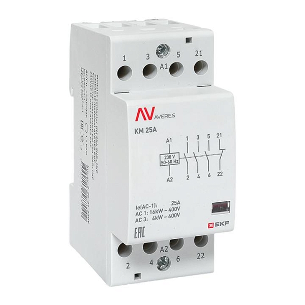 Контактор модульный КМ 25А 3NO+1NC 230В АС (2 мод.) AVERES EKF
