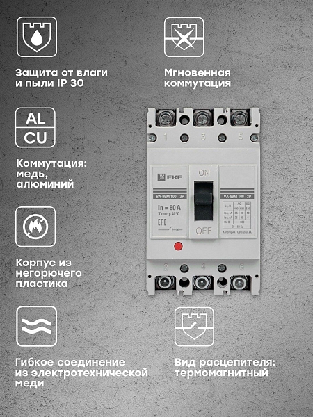 Выключатель автоматический в литом корпусе ВА-99М 100/80А 3P 10In 35кА с термомагнитным расцепителем EKF