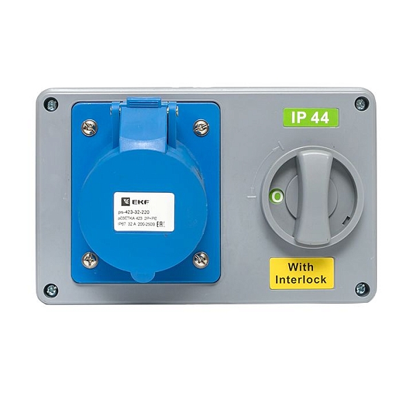 Розетка с блокировкой и выключателем 1423 2Р+РЕ 32А 220В IP44 EKF