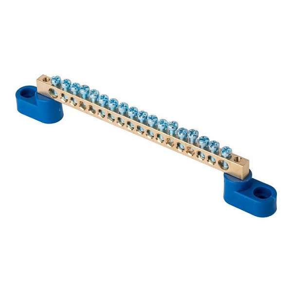 Шина "0" N (6x9мм) 18 отверстий латунь 2 синих угловых изолятора EKF PROxima