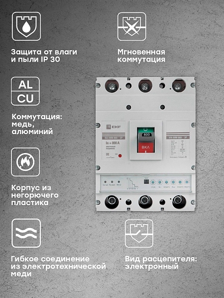 Выключатель автоматический в литом корпусе ВА-99М 800/800А 3P 10In 75кА с электронным расцепителем EKF