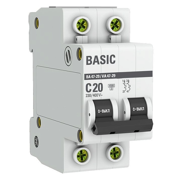 Автоматический выключатель ВА 47-29 2P 20А (C) 4,5кА BASIC